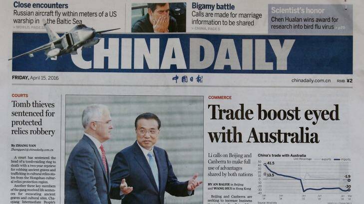 Malcolm Turnbull appeared on the front page of the China Daily with Premier Li Keqiang. Photo: Andrew Meares