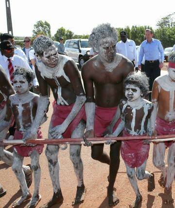 Tony Abbott during a welcome to country ceremony in Yirrkala, Arnhem Land. Photo: Alex Ellinghausen