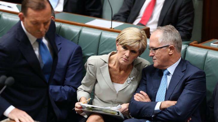 Prime Minister Tony Abbott, pictured with Julie Bishop and Malcolm Turnbull, says "It takes a good captain to help all the players of a team to excel".  Photo: Andrew Meares