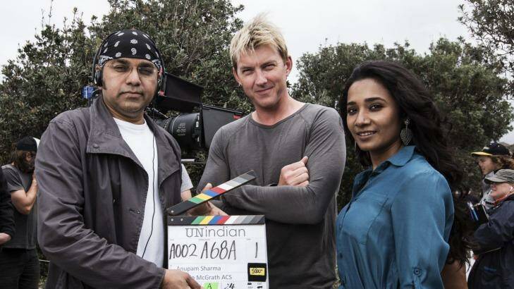 Director and producer Anupam Sharma, former cricketer Brett Lee and actress Tannishtha Chatterjee on the set of the film ' Uniindian'  Photo: Dominic Lorrimer
