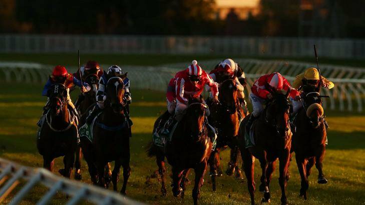 Sun sets on a good day for the ladies: Winona Costin wins on Paederos (third from left). Photo: Brendon Thorne/Getty Images