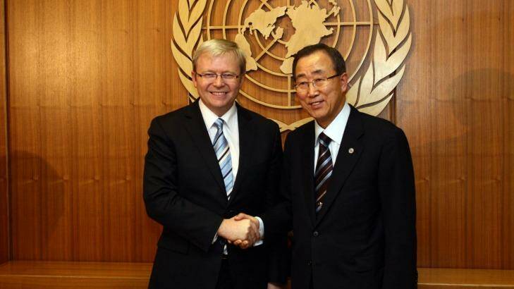 Kevin Rudd and UN secretary-general Ban Ki Moon at UN headquarters in New York. Photo: Trevor Collens
