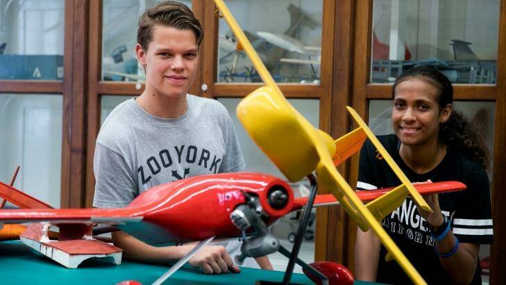 Indigenous students Liam Fogg and Layna Nona at the Aeronautical Engineering department at the University of Sydney's summer outreach camp.  Photo: Edwina Pickles
