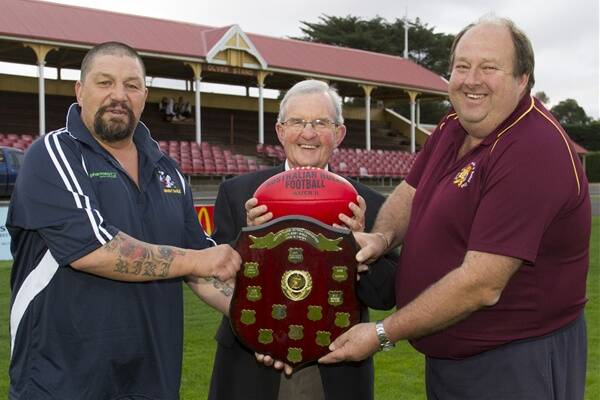 Honouring Anzacs: Ararat Eagles Football Club president, Antony McRoberts (left), Frank Logan from the Ararat RSL and Great Western Football Club president Rodney Matheson are looking forward to Sunday’s Mininera and District Football League Clash in honour of Anzac Day.