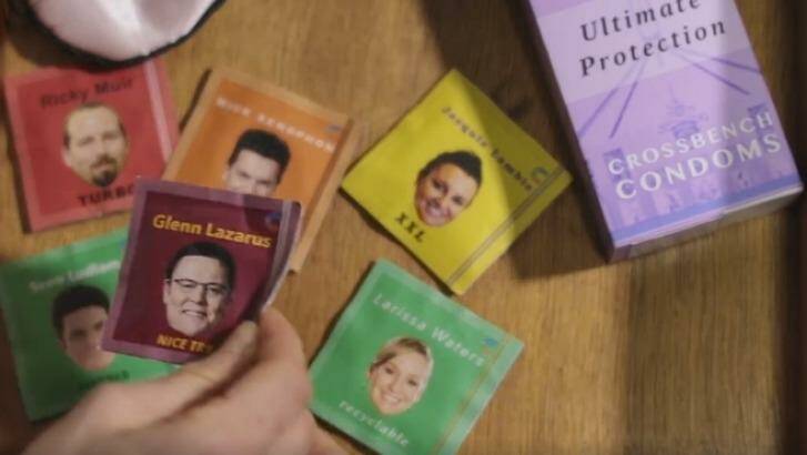 Glenn Lazarus and some of his Senate crossbench colleagues feature on condom wrappers in GetUp's sexually charged advertisement. Photo: Screenshot