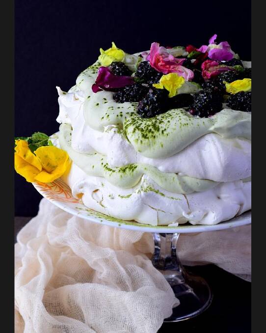 'This is my blackberry, matcha, and snapdragon pavlova for Australia Day. Beautiful, grassy matcha tea pairs perfectly with sweet, airy meringue for a dessert that is a true show stopper.' Photo: Facebook/Shauna Havey