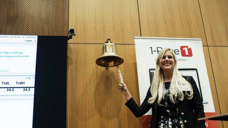 One-Page chief executive Joanna Weidenmiller rings the bell at ASX as 1-Page becomes a publicly listed company in Australia on October 15, 2014 in Sydney. Photo: Dominic Lorrimer