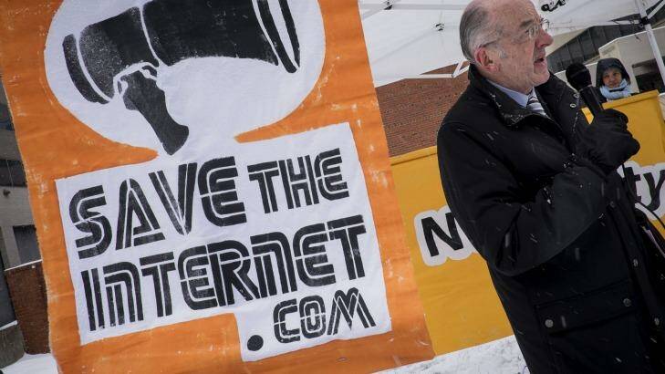 Michael Copps, ex-commissioner of the FCC, speaks in favour of net neutrality during a demonstration outside of FCC headquarters in Washington, DC. Photo: Pete Marovich