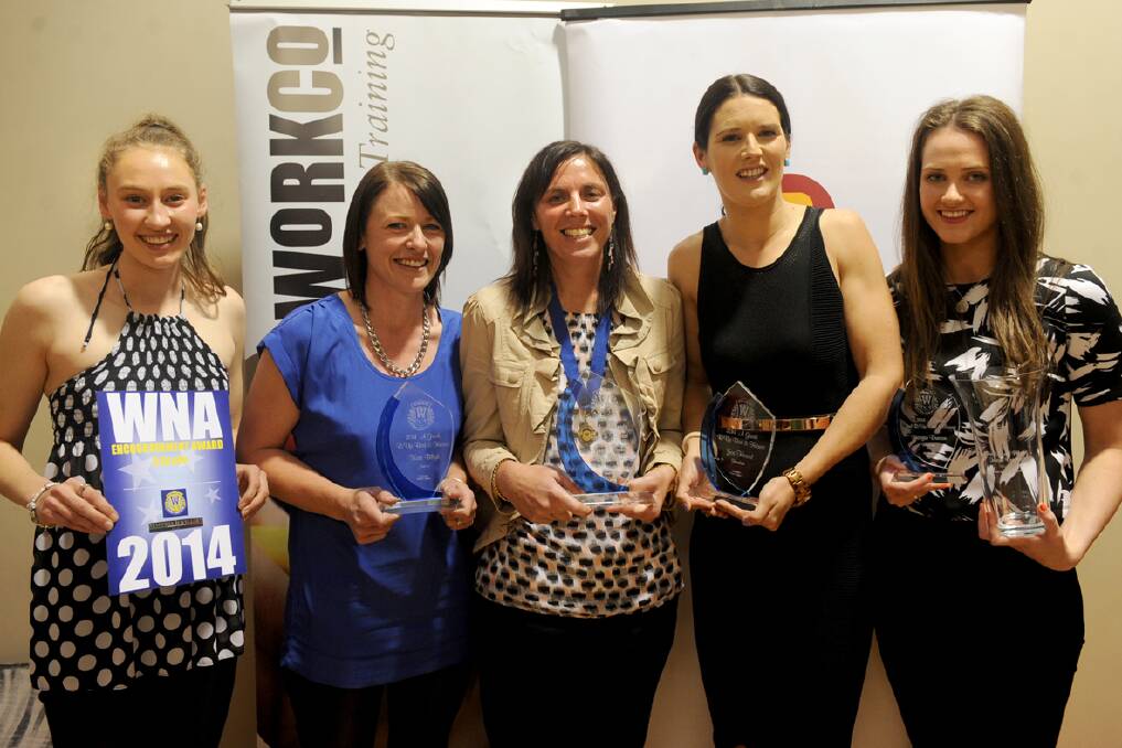 Kate Bligh (second from the left) with her WNA A grade runner-up award, along side Rats team mate Tiffany Boatman who took home the encouragement award and Penny Fisher (best and fairest winner), Zoe Heard (equal runner-up) and Georgia Duncan (third). 
 Picture: SAMANTHA CAMARRI, WIMMERA MAIL-TIMES