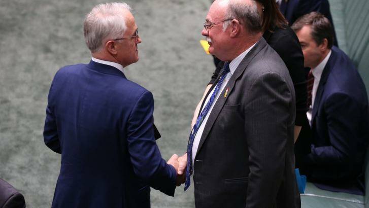 Malcolm Turnbull with Warren Entsch after the introduction of the Plebiscite (Same-sex Marriage) Bill in September 2016. Photo: Andrew Meares