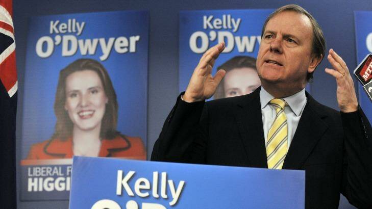 Former treasurer Peter Costello helps Kelly O'Dwyer launch her campaign to win the seat of Higgins in 2010. Photo: Joe Armao