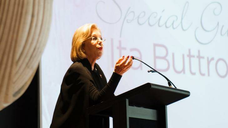 Ita Buttrose speaking in Canberra at the Pink Lady Luncheon for Breast Cancer Network Australia. Photo: Elesa Kurtz