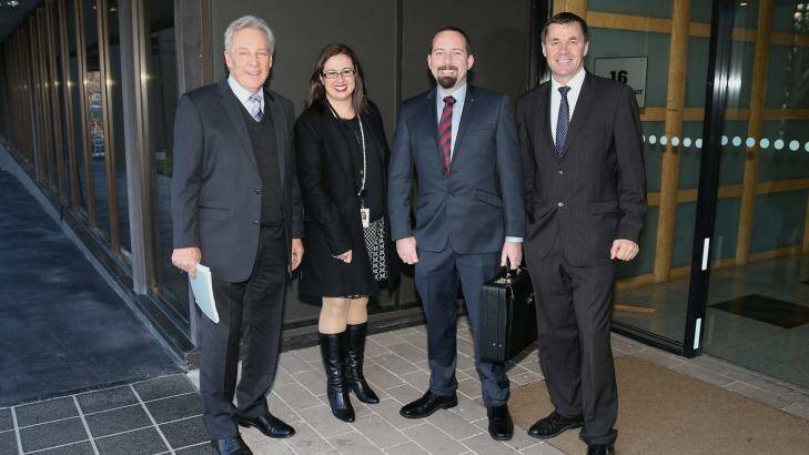 The way they were: former Australian Motoring Enthusiast Party senator Ricky Muir (second from right) in July with advisers Peter Breen (left), Sarah Mennie and Glenn Druery.  Photo: Alex Ellinghausen