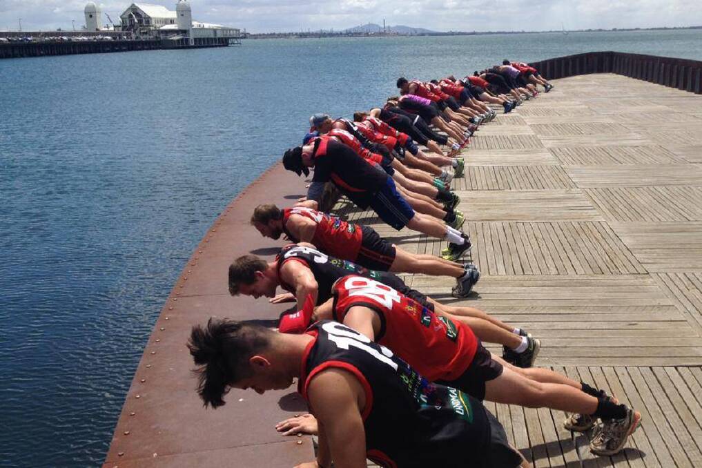 Warriors players hard at it on their six hour boot camp held in Geelong as part of pre-season training. 
