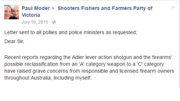 Mr Moder shared his opposition to plans to restrict the Adler shotgun on Facebook.  Photo: Facebook
