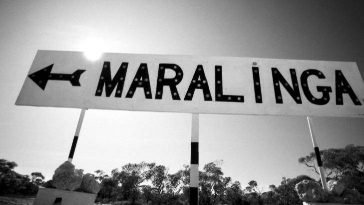 A sign pointing towards the Maralinga test site in South Australia in 1984.  Photo: Peter Solness