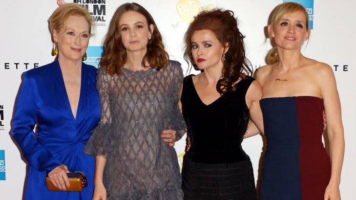 Meryl Streep, Carey Mulligan, Helena Bonham Carter and Anne-Marie Duff at the "Suffragette" screening in London. Bonham Carter welcomed the protest. Photo: David M. Benett