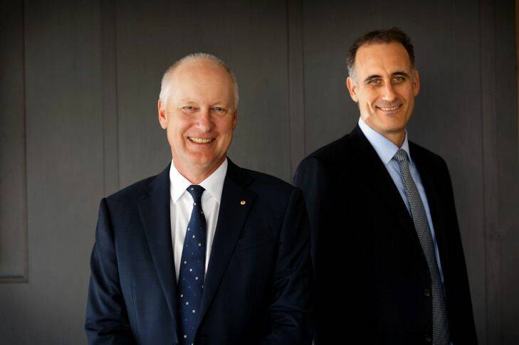 Wesfarmers media conference in Perth, Thursday 17 August with outgoing CEO Richard Goyder (left) and his replacement Rob Scott. photo by Trevor Collens .