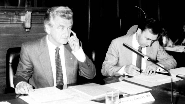 Australian Prime Minister Bob Hawke (left) and Treasurer Paul Keating (right) at the opening day of the National Economic Summit in Canberra on 11 April 1983.  Photo: David Bartho
