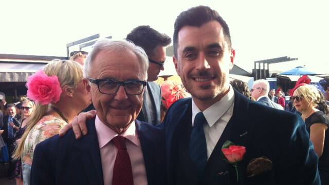 Guest Speaker at Stawell’s Australia Day ceremony Tony Cavanagh (left) is
pictured on Oaks Day at Flemington combining his love for racing and music
with Bobby Fox, who played Franki Valli in the Jersey Boys stage production.