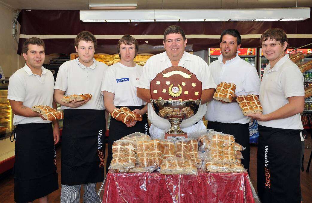 The winning Australian Hot Cross Bun team at Waack's Bakery: (L-R) Nathan Timms, David Larson, Damien Waack, Chris Waack, Adam Cornin (bakery manager), Kris Hooper (assistant manager). Picture: KERRI KINGSTON.