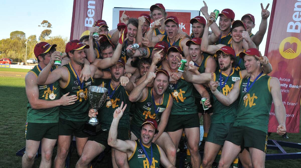 Navarre players celebrate their second premiership in as many years. Picture: MARK McMILLAN