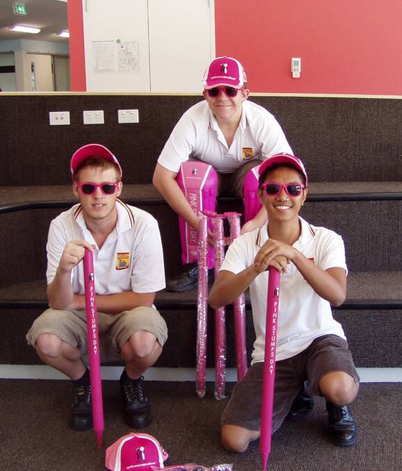 Year 12 Stawell Secondary College VCAL students Regan, Tom and B-Jay display products from the McGrath Foundation as they prepare for the Year 12 students versus teachers cricket match and casual dress day.