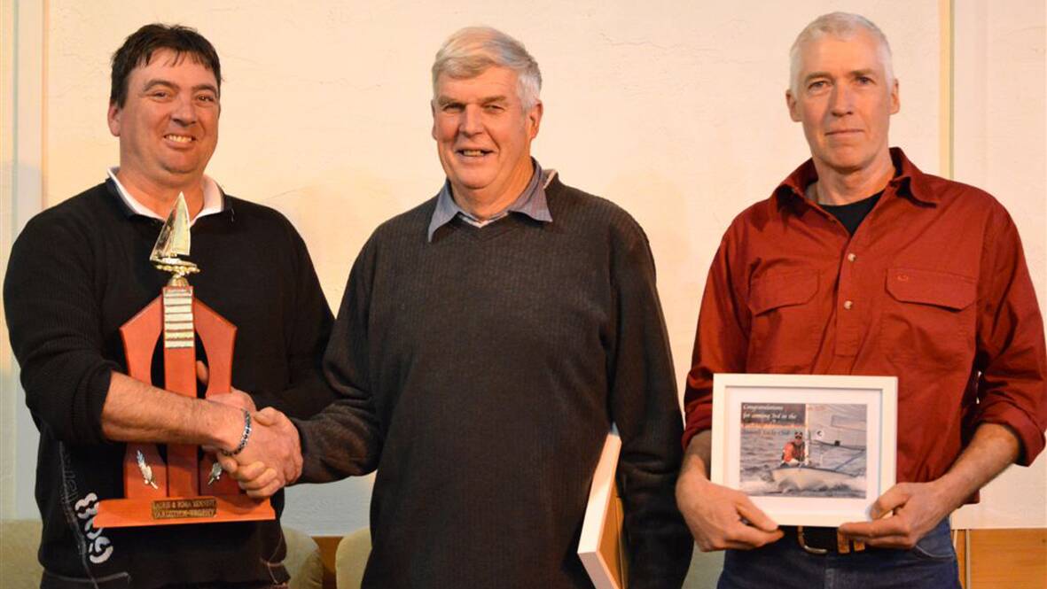 (L-R) Stawell Yacht Club champion Johno Knight, club handicapper George Grellet and Jan Ibs Seht (third). Absent - Andrew Pearce (second). Pictures: WENDY ST GEORGE.