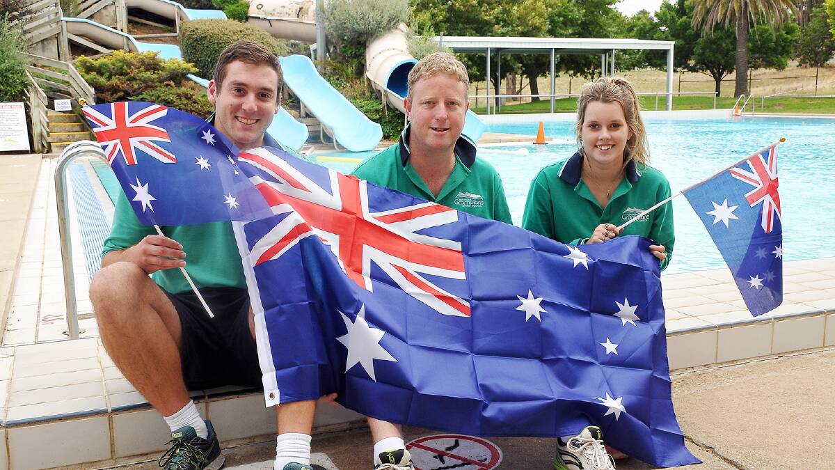 Stawell is gearing up for a massive Australia Day celebration on Monday, which will include a pool party, the official Australia Day ceremony at Cato Park and then a spectacular fireworks display. Pictured promoting the pool party at the Stawell Leisure Complex are (L-R) Ben Hodgetts, Marc Brilliant and Kearnie Warren. Picture: KERRI KINGSTON.