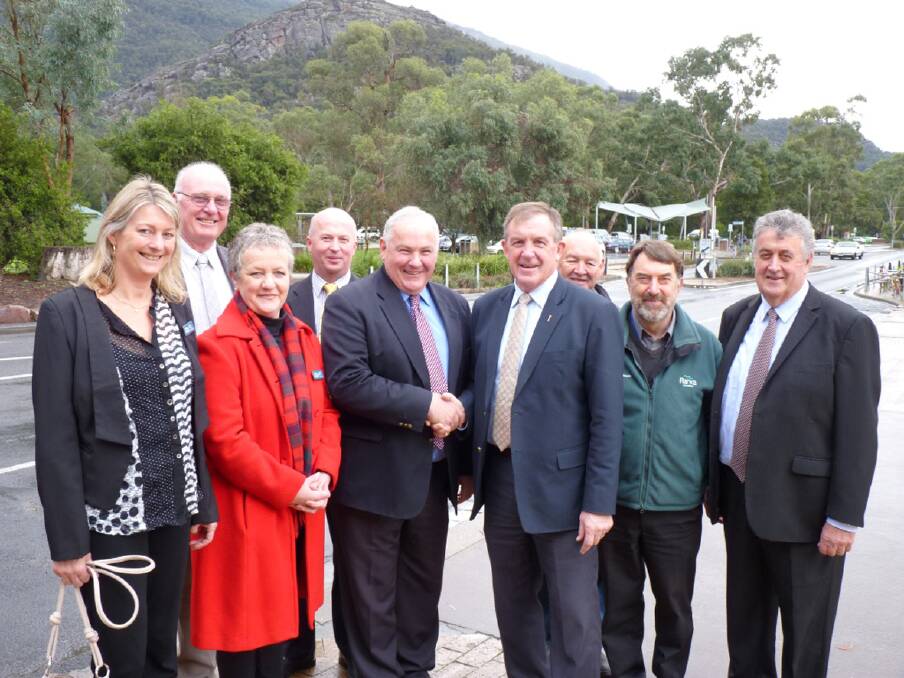Pictured at the funding announcement last Friday in Halls Gap (back) Cr Wayne Rice, Cr Jason Hosemans and Halls Gap Tourism chair Geoff Watts; (front) Cr Karen Hyslop, Cr Merillee Reid, Mayor, Cr Kevin Erwin, Member for Lowan Hugh Delahunty, Parks Victoria chief ranger Graham Parkes and Cr Murray Emerson.