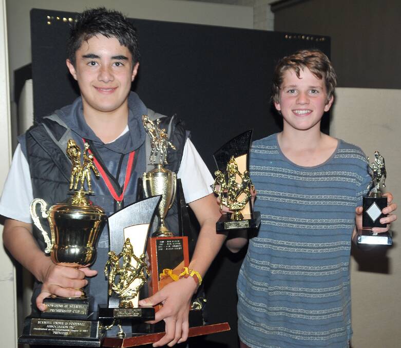 Stawell 13 and Under Football Association best and fairest Jayden Wright (left) with runner up Jacob Salmi. Picture: MARCUS MARROW