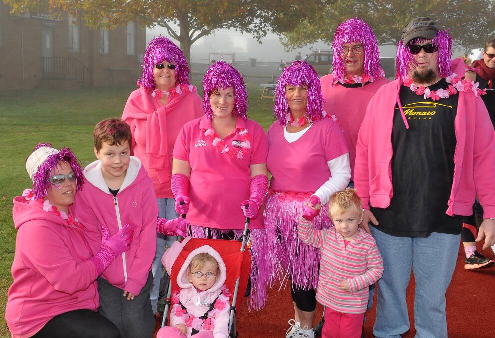 William and Kaitlyn Hodder, Jacob, Bec and Dale Parker with Vicki Cooper, Jess Hodder, Ann and Charles Parker, donned their pink hair and costumes for the Mother’s Day Classic on Sunday. Picture: MARK McMILLAN