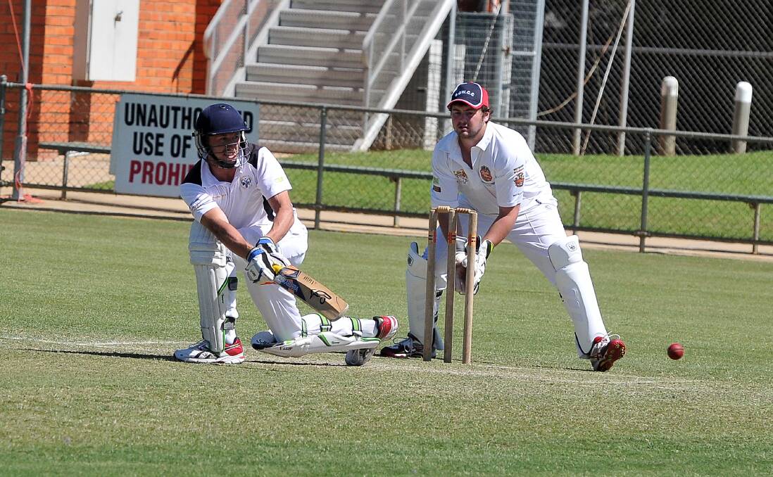 Pomonal A grade allrounder Lee Oliver scored runs from this sweep shot during his innings of 23 runs in the clash against Swifts/Great Western at Central Park on Saturday. Picture: Mark McMillan