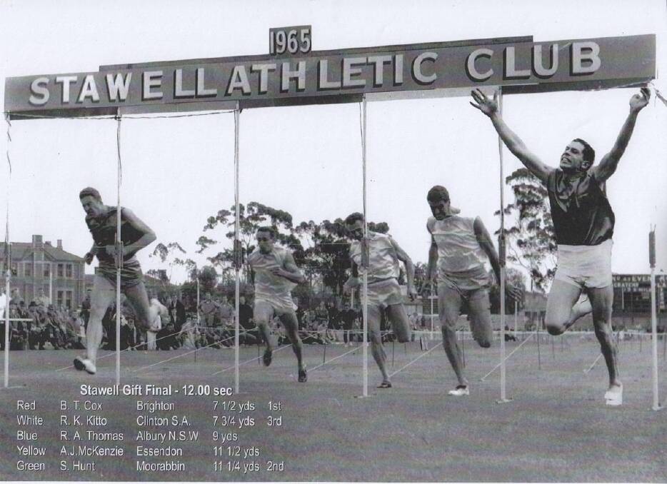 Bruce Cox (right) celebrates his win in the Stawell Gift in 1965.