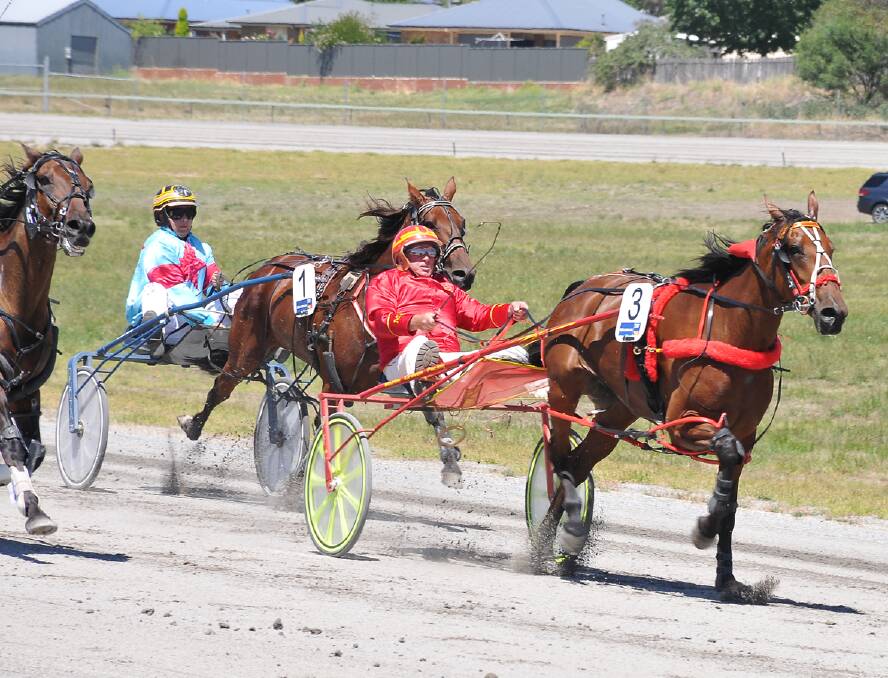 Peter Craven pushes Ducale Bromac to the line to win the Bi-Rite Electrical Vicbred Pace. Picture: MARCUS MARROW