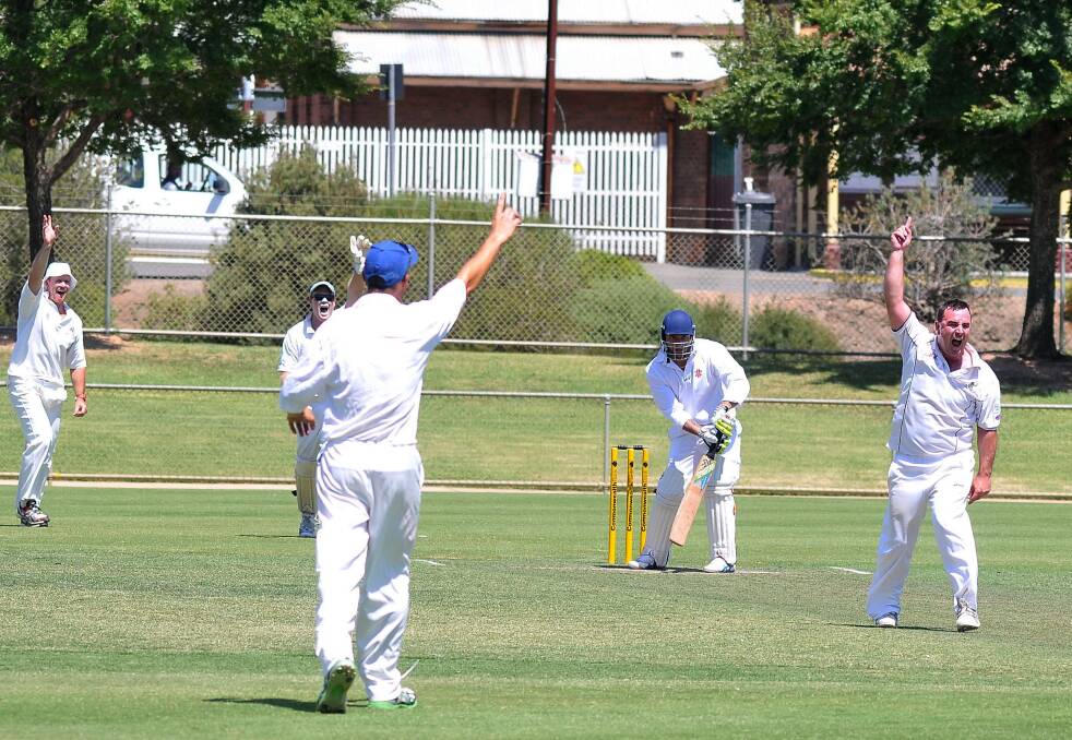 Youth Club's Steve LeGassick and his team mates appeal for the LBW decision against Chalambar's Alam Virk. Picture: MARK MCMILLAN