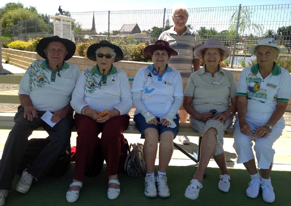 Stawell and visiting bowlers who played in the social event L-R Joe Riggs, Joy Cooper, Lucy Catalano, Ray Pyke, Edna Reading, Glona Geeves.