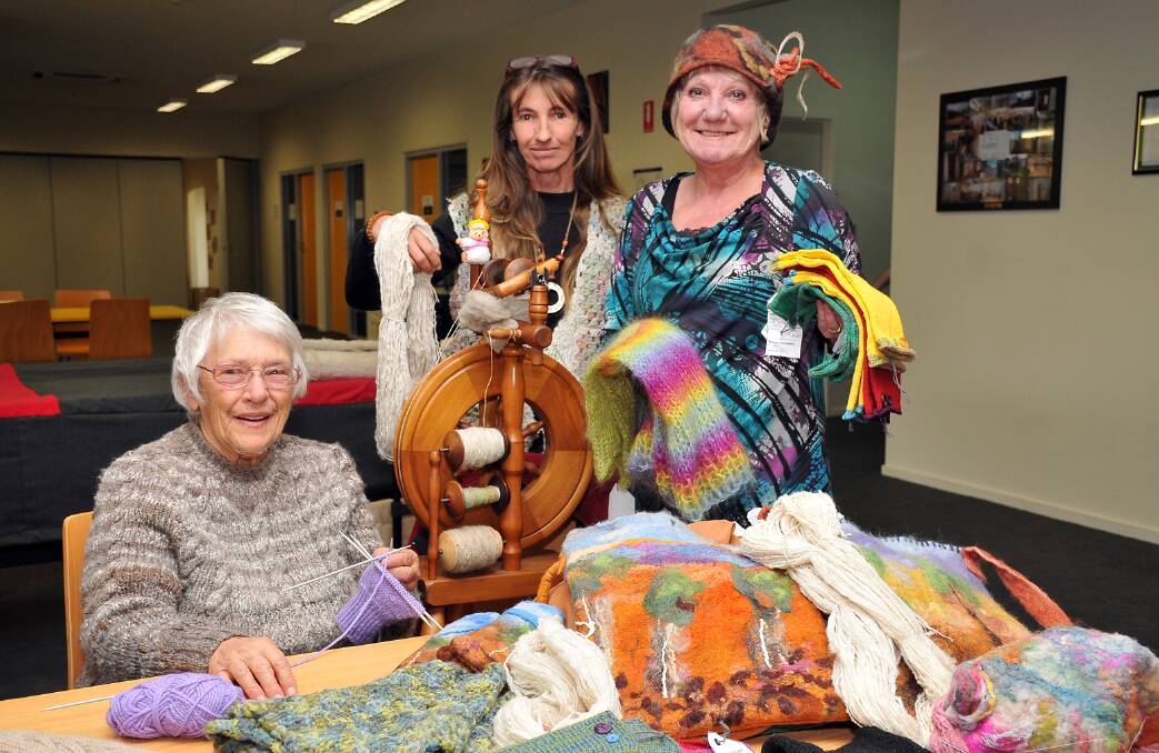 L-R Joyce Matheson, Julie Colbert and Cherelle Nicholson, members of Some of the Fibre friends group met at Stawell's Powerhouse and prepared and created some items for the Winter Woollies festival in July. Picture: Kerri Kingston