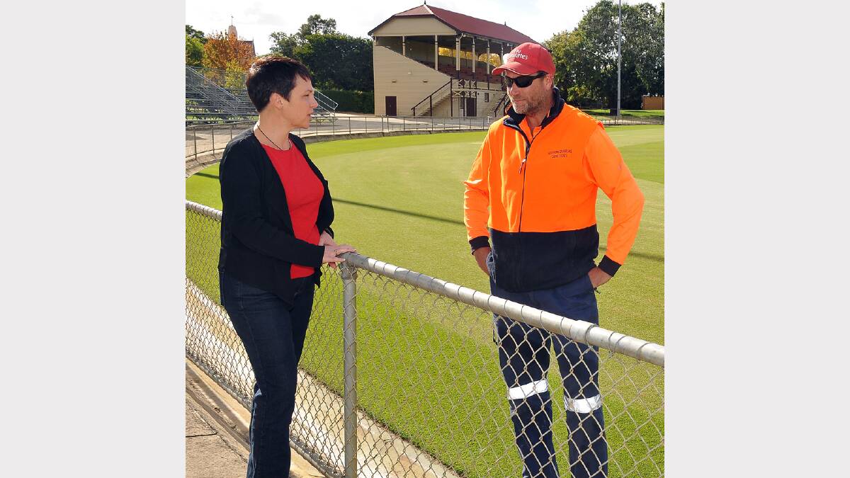 Jaala Pulford speaks with Stawell Parks and Gardens employee Mark St Clair during a visit to Stawell. Ms Pulford was back last week to launch the jobs taskforce.