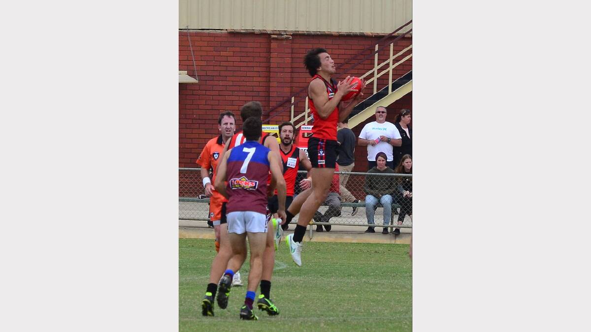 Stawell Warriors youngster Jackson Taurau flies for this chest mark during the clash against Horsham Demons on Saturday at Central Park.