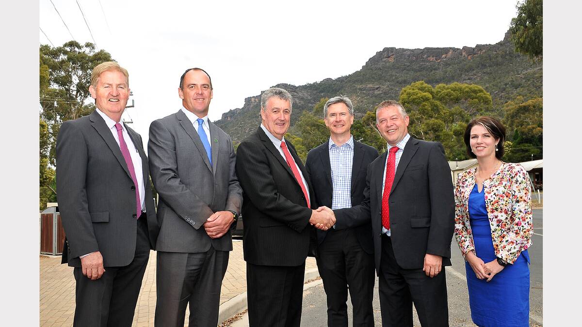 Welcoming the funding commitment for the Grampians Peaks Trail L-R Peter Ryan, Scott Turner, Cr Murray Emerson, Will Flamstead, Ryan Smith and Emma Kealy.