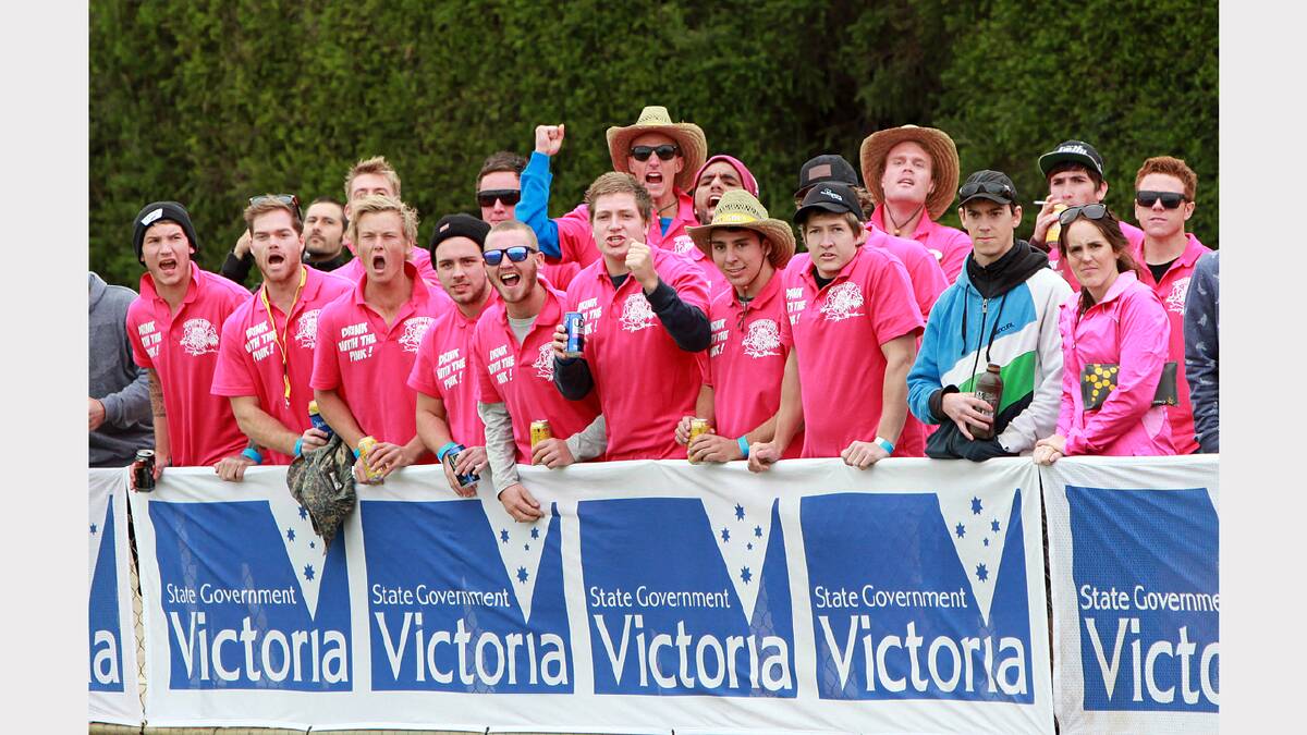 The boys in pink supporting Stawell athlete Ash Cowen, who claimed a winning double at Stawell.
