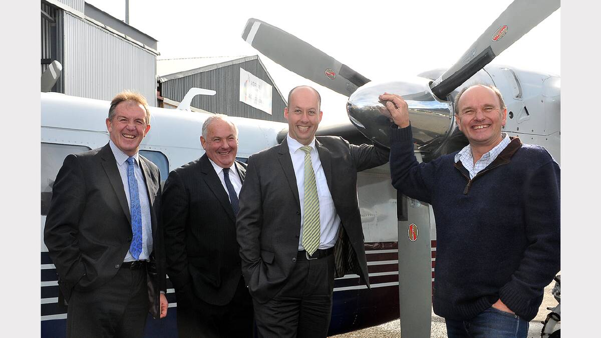 Pictured at the Stawell Airport L-R Member for Lowan Hugh Delahunty, Northern Grampians Shire Mayor Cr Kevin Erwin, Aviation Minister Gordon Rich-Phillips and AGA Services director, Rob Boschen.