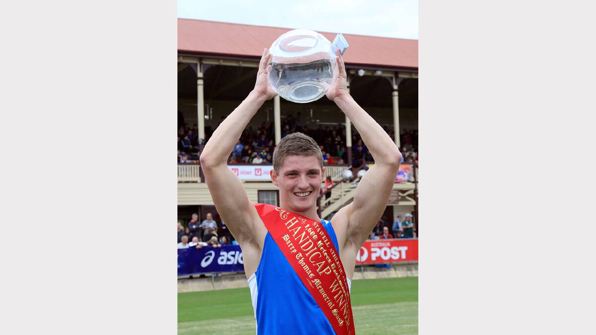 Stawell's Ash Cowen celebrates his victory in the Backmarkers 1600m event on Easter Saturday. Cowen went on to claim a winning double over the Easter weekend at the iconic Stawell Gift carnival.