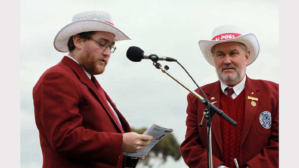 Stawell Athletic Club president Jeremy Irvine, flanked by his father Robert, officially opened the 2014 Australia Post Stawell Gift.