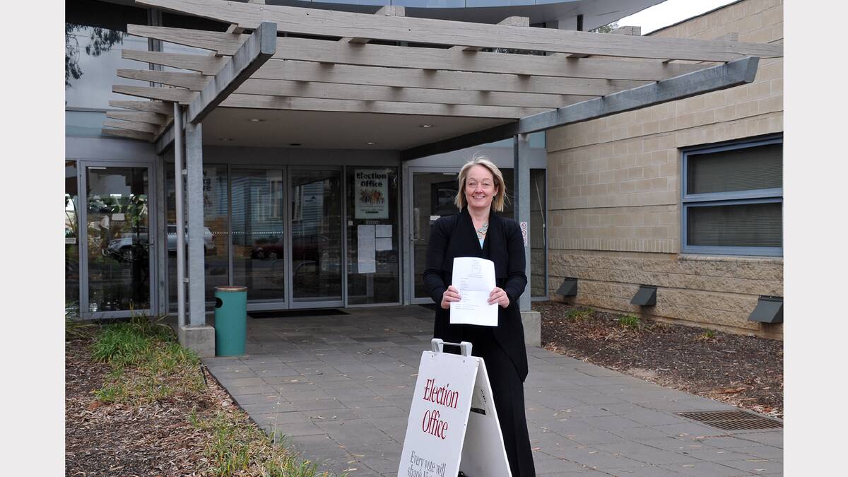 Liberal candidate for Ripon Louise Staley outside the Federation University building in Sloane Street, Stawell, which is one of many early polling centres that have been opened across the state leading up to the November 29 election.