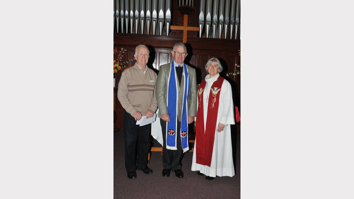 Geoff Harmer from the Uniting Church, Chairperson of the Presbytery of Western Victoria, John Diprose and Reverend Susan Pearse attend the anniversary celebration.