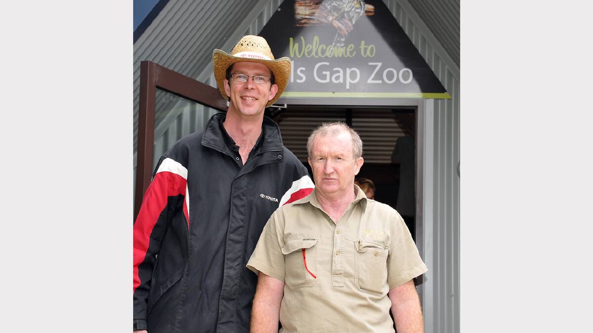 Stawell and Horsham Toyota dealer principal, Adrian Galvin, is pictured at the entrance to the Halls Gap Zoo with owner Greg Culell. A successful partnership between the zoo and Stawell and Horsham Toyota saw more than 4000 visitors attend an open day at the zoo on Sunday, raising well in excess of $10,000 for fire brigades in the region and the Stawell State Emergency Service unit.