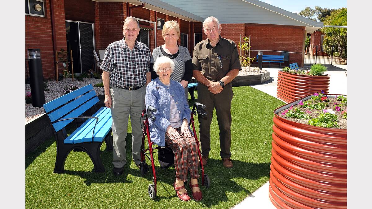 Gordon Crow (son of Bill) is pictured in the courtyard at Eventide Homes with resident Sylvie Harries, CEO Sue Blakey and board member Reg Smith.