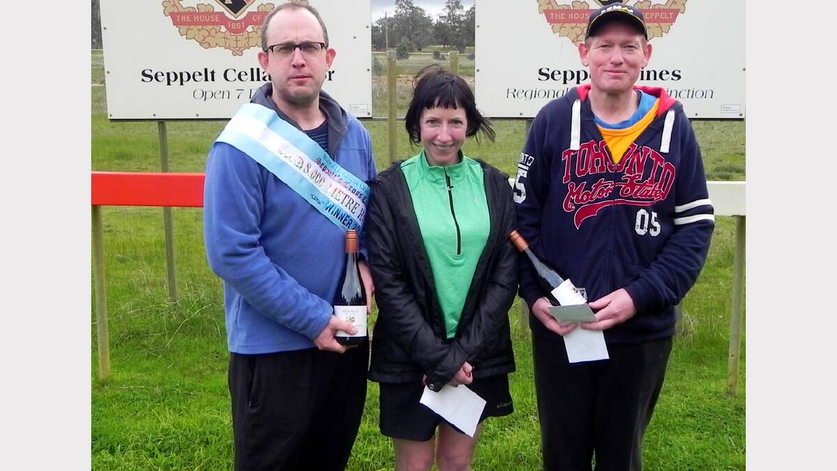 Winner of the Seppelt Classic Andrew Reynolds, with placegetters Rhonda Rice and Nathan Bendelle.